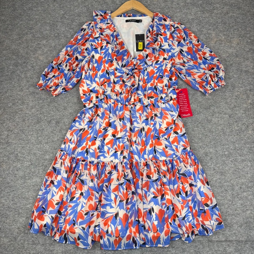 Lauren Ralph Lauren Floral Crinkled Georgette Dress Polyester Ruffle Womens 10